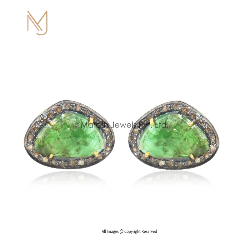 92.5 Silver Yellow Gold Rhodium Plated Pave Diamond Emerald Gemstone Earrings
