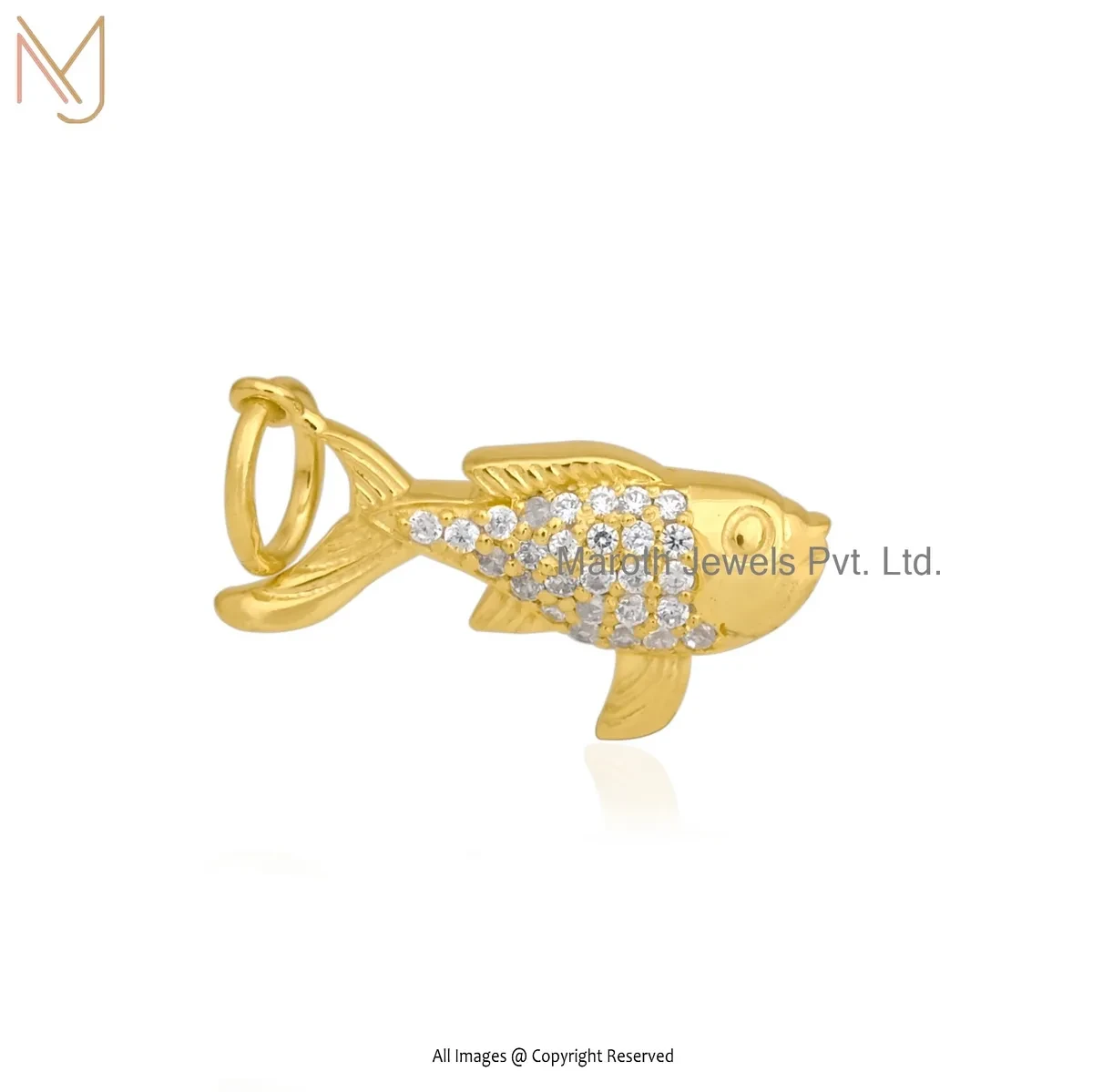 Private Lable 925 Silver Yellow Gold Plated Diamond & Cubic Zircon Fish Charm Pendant