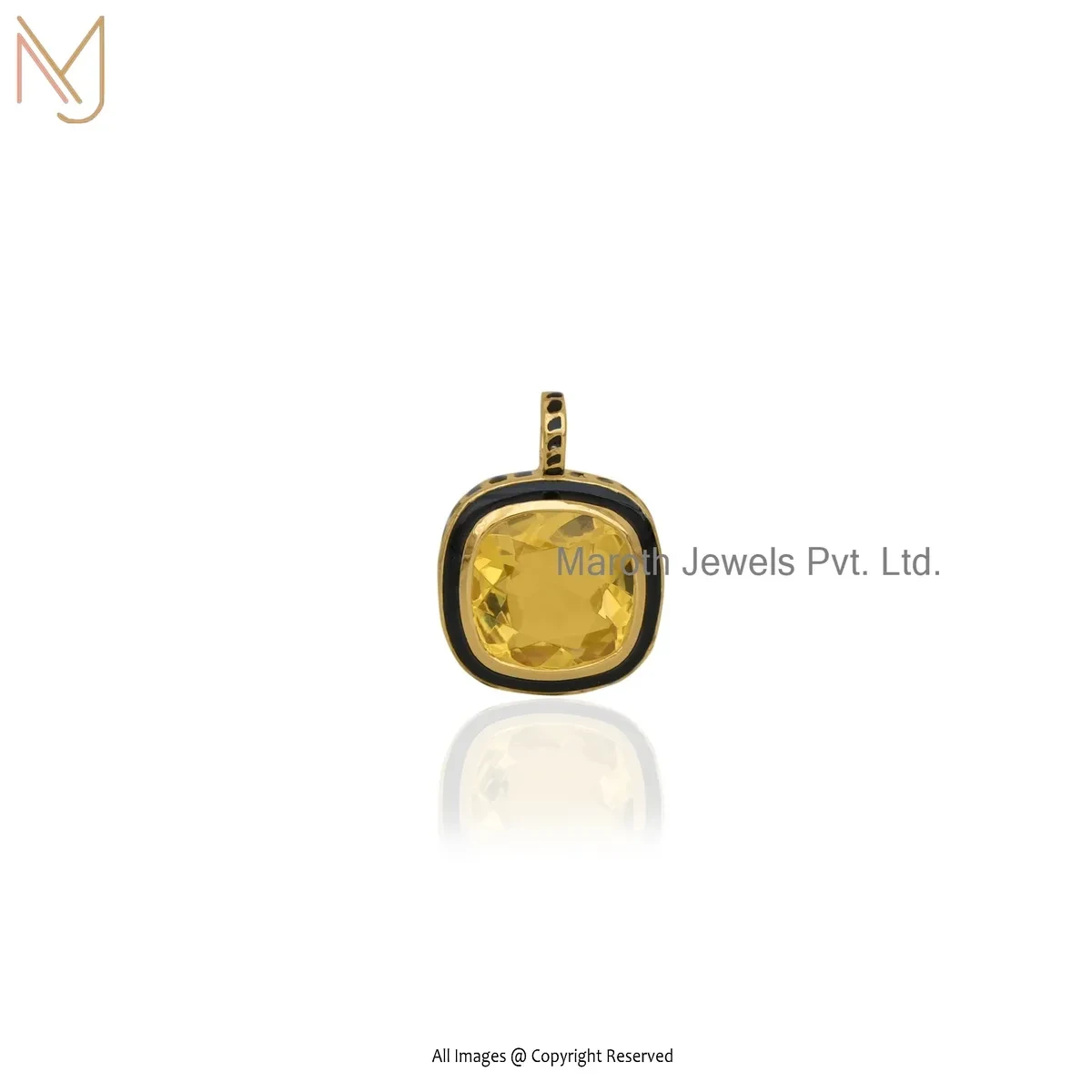 925 Silver Yellow Gold Plated Yellow Cubic Zircon And Black Enamel Square Charm Pendant USA