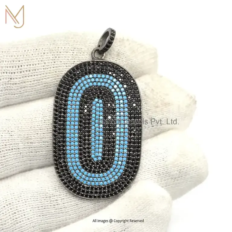 Wholesale 925 Sterling Silver Rhodium Plated Black Spinel & Turquoise Gemstone Oval Tag Pendant Jewelry