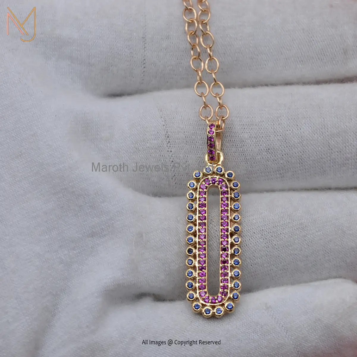 Private Lable 925 Sterling Silver Yellow Gold Cubic Zircon & Ruby And Blue Sapphire Pendant Jewelry