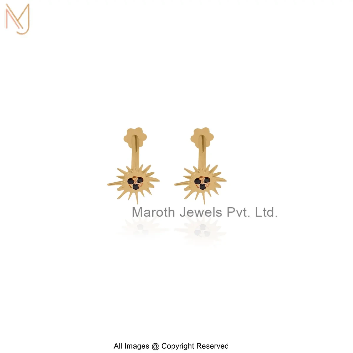 925 Silver Yellow Gold Plated Black Spinel Sunburst Stud Earring Custom Jewelry