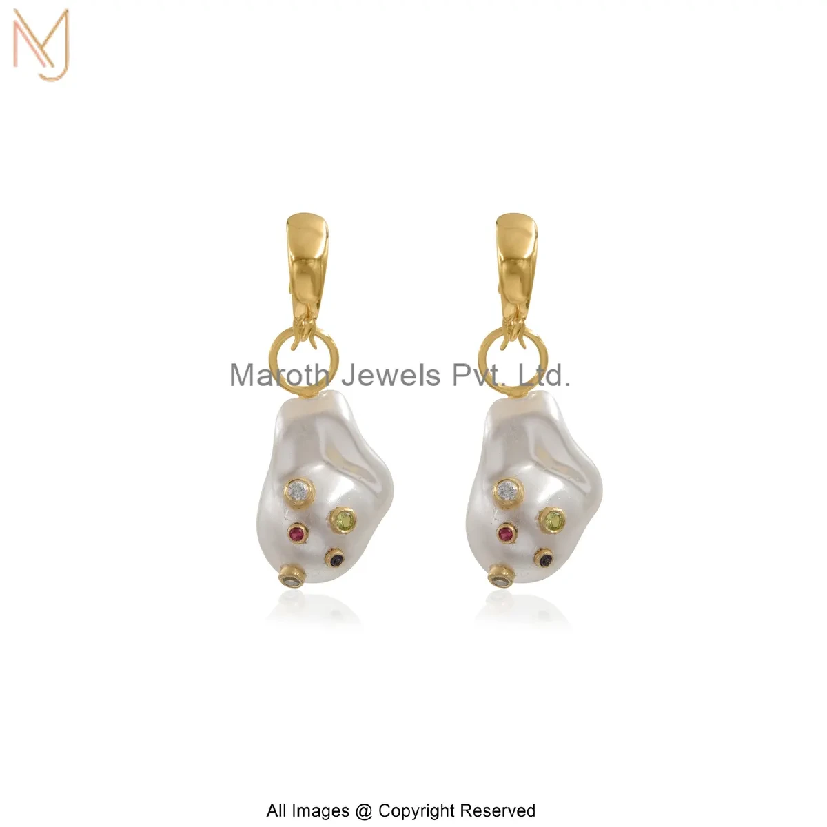 925 Silver Yellow Gold Plated Diamond Multi Gemstone Baroque Pearl Gemstone Drop Earrings USA
