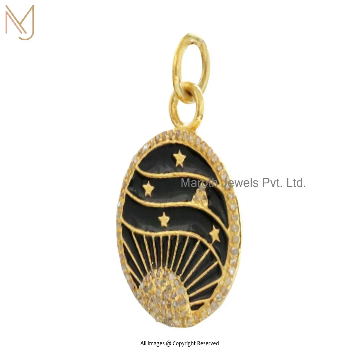 925 Silver Yellow Gold Plated Pave Diamond Black Enamel Sun And Star Pendant USA