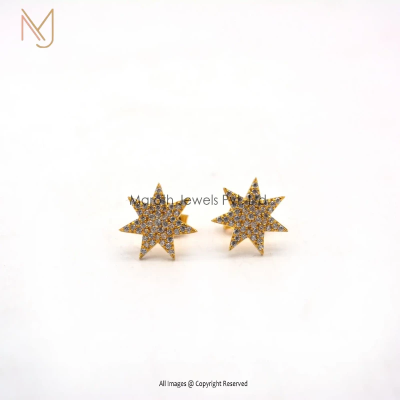 14K Solid Yellow Gold Pave  Diamond Starburst Stud Earring