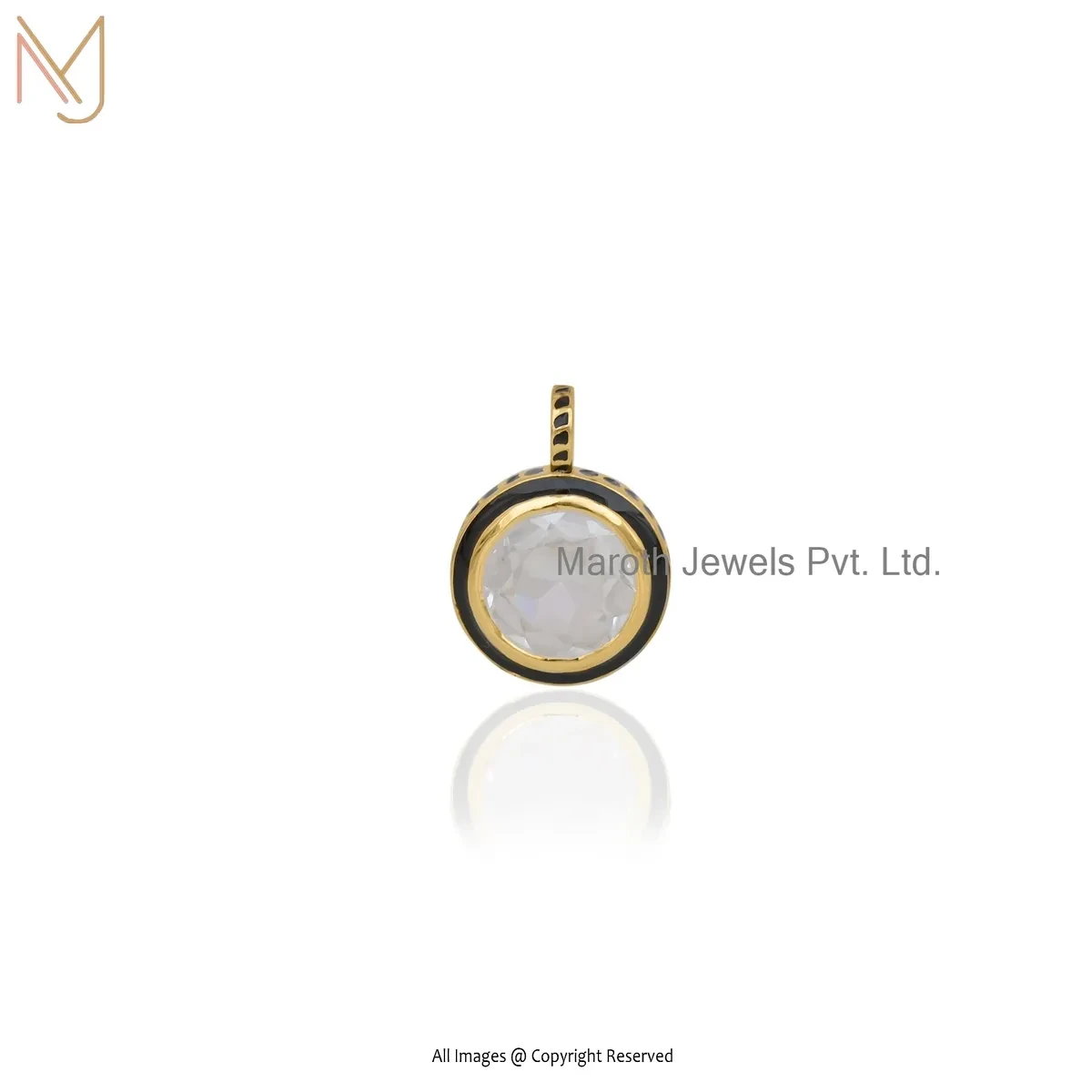 Private Lable 925 Silver Yellow Gold Plated Cubic Zircon & Black Enamel Round Pendant