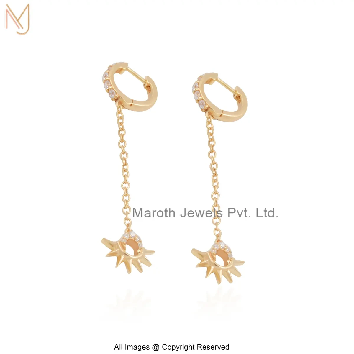 925 Silver Yellow Gold Plated Cubic Zircon Diamond Chain Huggies Dangle Earring Jewelry Supplier