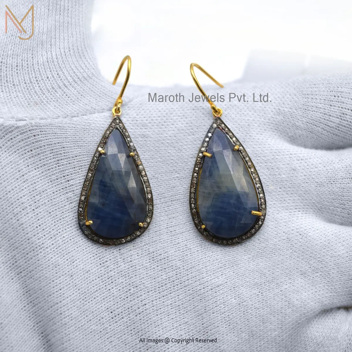 14K Yellow Gold Pave Diamond Blue Sapphire Dangle Earring Manufacturer