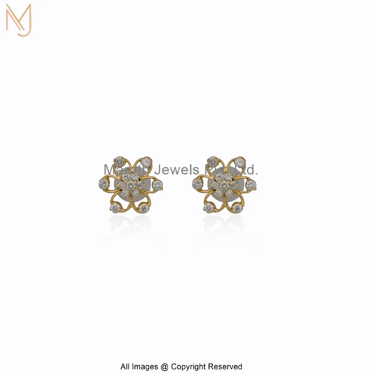 14K Yellow Gold Moissanite Diamond Floral Stud Earring Custom Jewelry