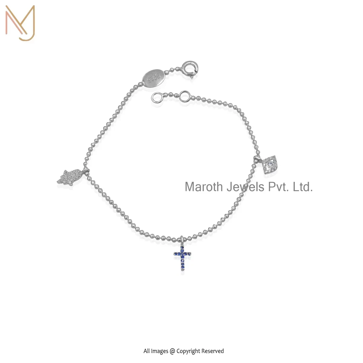 Wholesale 925 Silver Natural Silver Plated Cubic Zircon Hamsa , Evil Eye , Cross Chain Bracelet