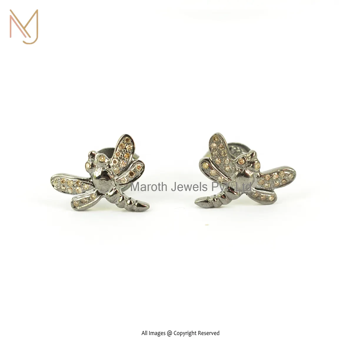 925 Silver Rhodium Plated Pave Diamond Dragonfly Stud Earring Jewelry Supplier