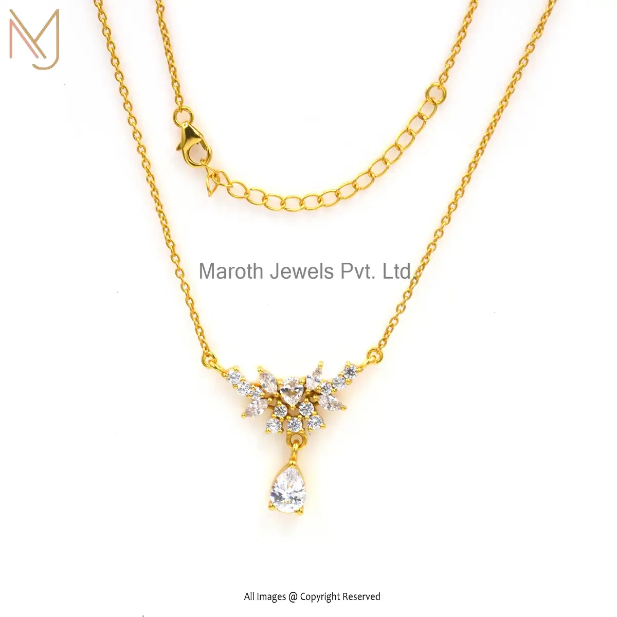 Wholesale 14K Yellow Gold Round And Leaf Cubic Zircon Necklace Jewelry