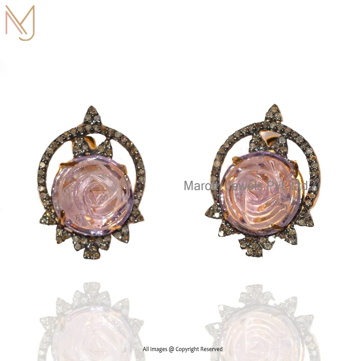 Wholesale 925 Silver Rhodium Yellow Gold Plated Pave Diamond Rose Quartz Gemstone Stud Earring