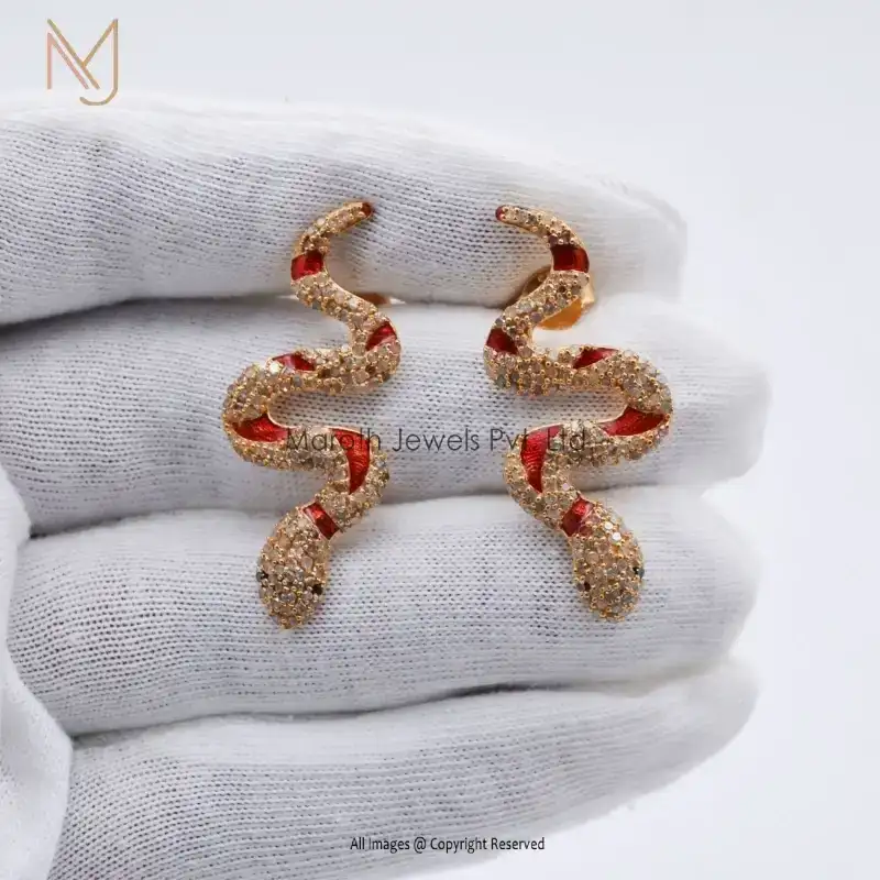 14k Yellow Gold  Snake Enamel Diamond Earrings Handmade Jewelry manufacturer