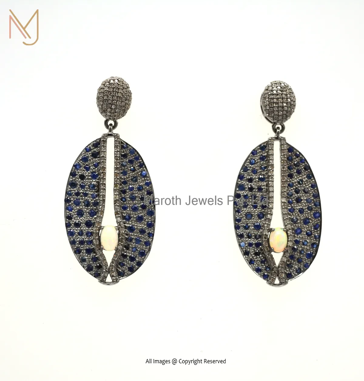 Wholesale 925 Silver Rhodium Plated Pave Diamond , Opal , Blue Sapphire Gemstone Drop Earring