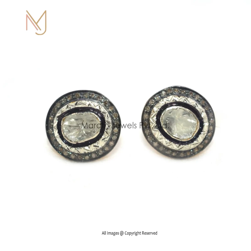 925 Silver Natural Silver Pave Diamond & Rose Cut Diamond Studs Earrings