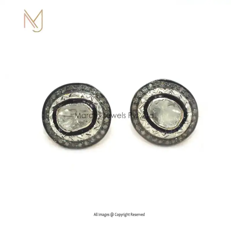 925 Silver Natural Silver Pave Diamond & Rose Cut Diamond Studs Earrings Manufacturer