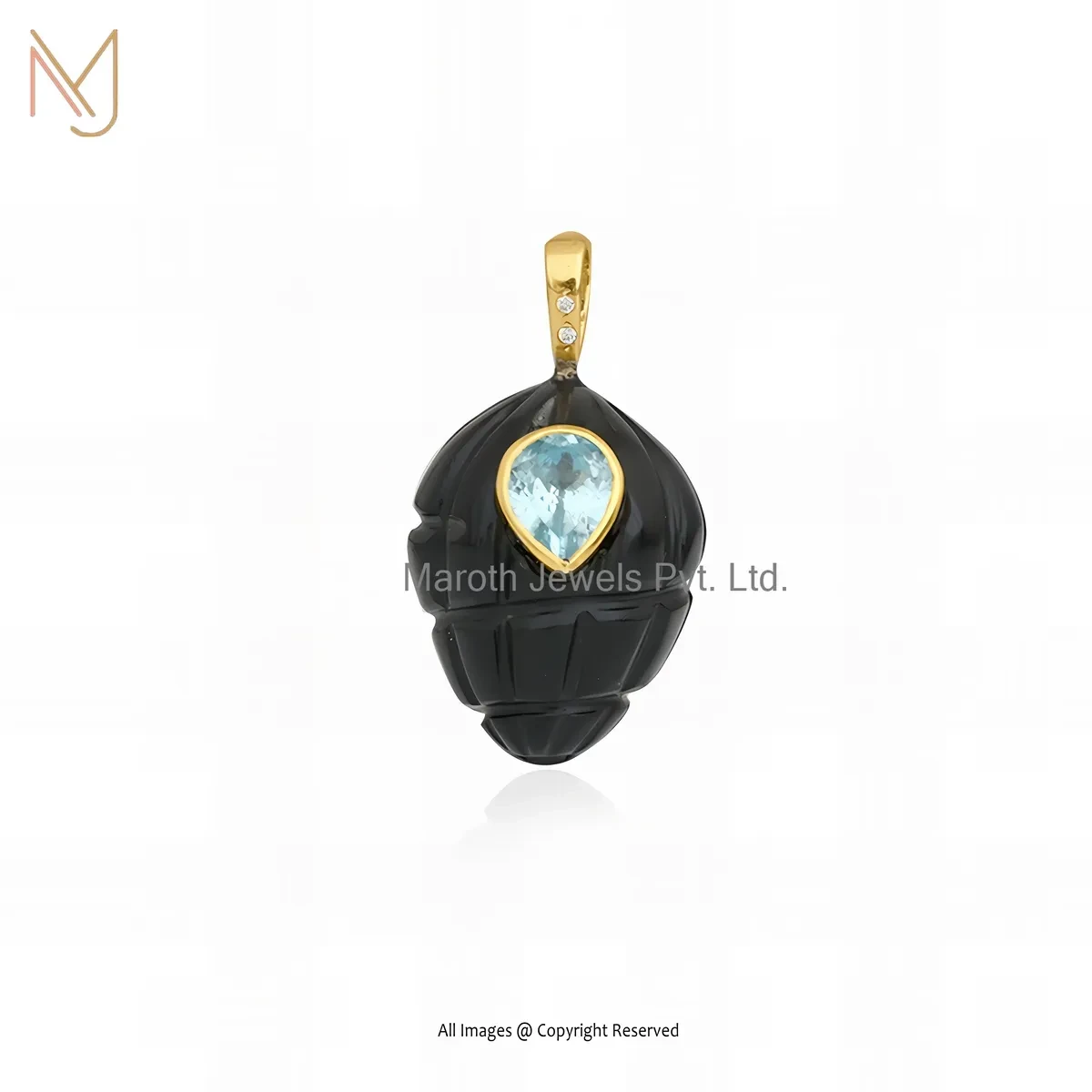 14K Yellow Gold Black Onyx And Blue Topaz & Cubic Zircon Shell Pendant USA