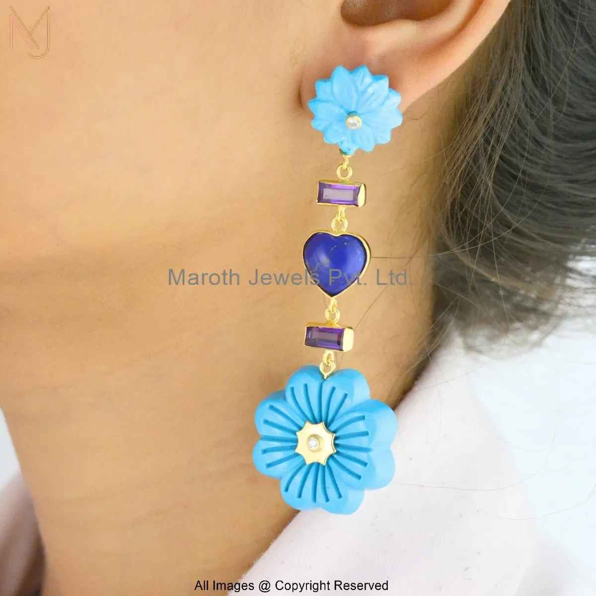 925 Silver Yellow Gold Plated Lapiz Lazuli , Amethyst , White Topaz , Turquoise Carved Flower Dangle Earring USA