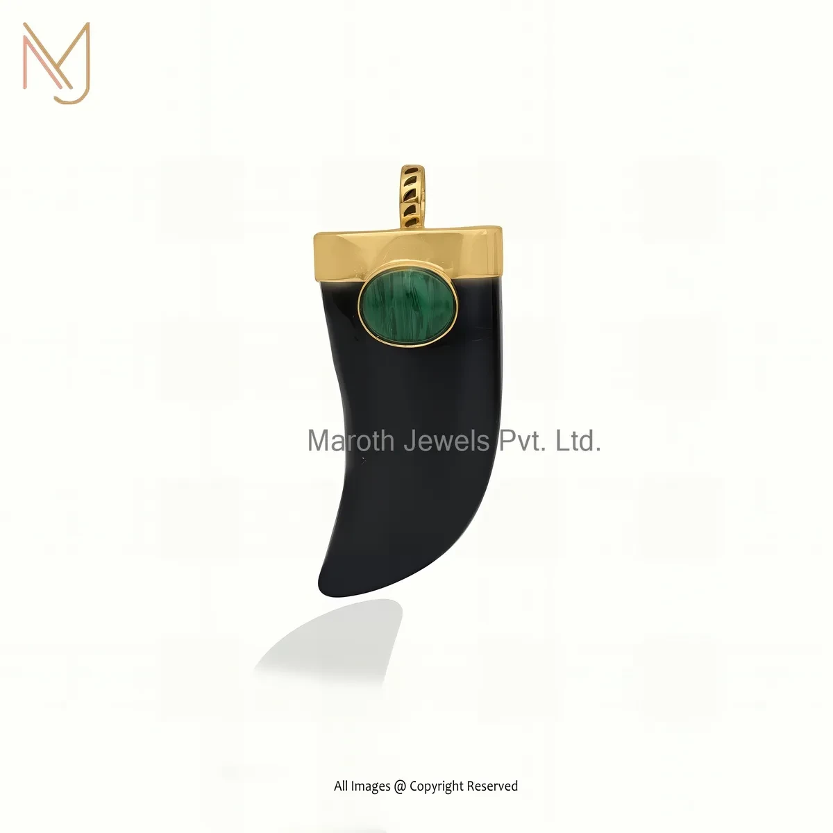 925 Silver Yellow Gold Plated Black Onyx And Red Coral & Black Enamel Horn Pendant USA