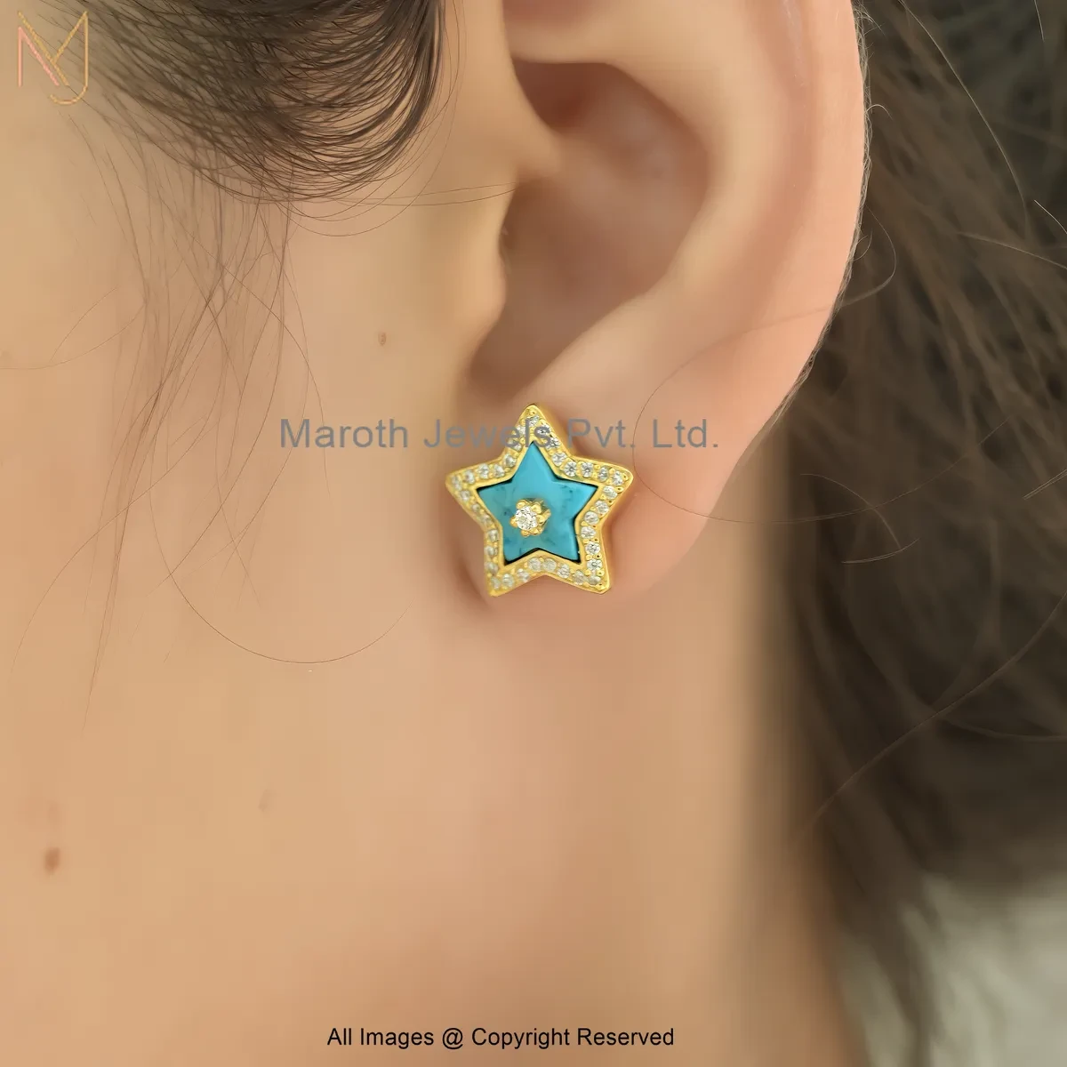 14K Yellow Gold Diamond Gemstone Star Stud Earring Manufacturer