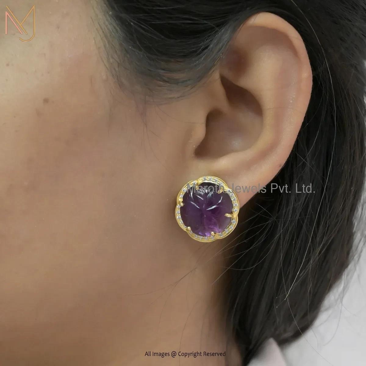 Private Lable 925 Sterling Silver Yellow Gold Plated Amethyst And White Cubic Zircon Studs Earring