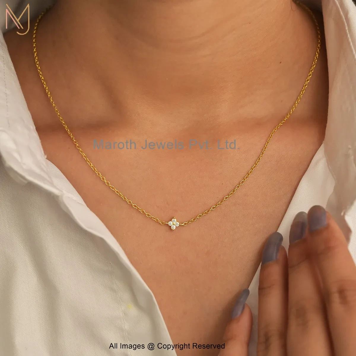 Wholesale 14K Yellow Gold Moissanite Diamond Four-Petaled Floral Motif Necklace Jewelry