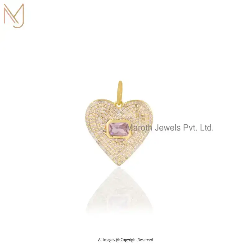 Private Lable 14K Yellow Gold Diamond Pink Sapphire Heart Gemstone Pendant