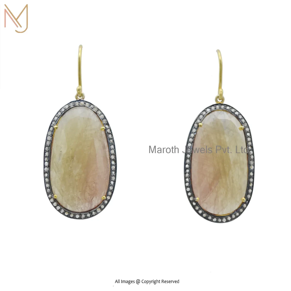 925 Silver Yellow Gold Plated Pave Diamond Yellow Sapphire Gemstone Drop Earring Jewelry Supplier