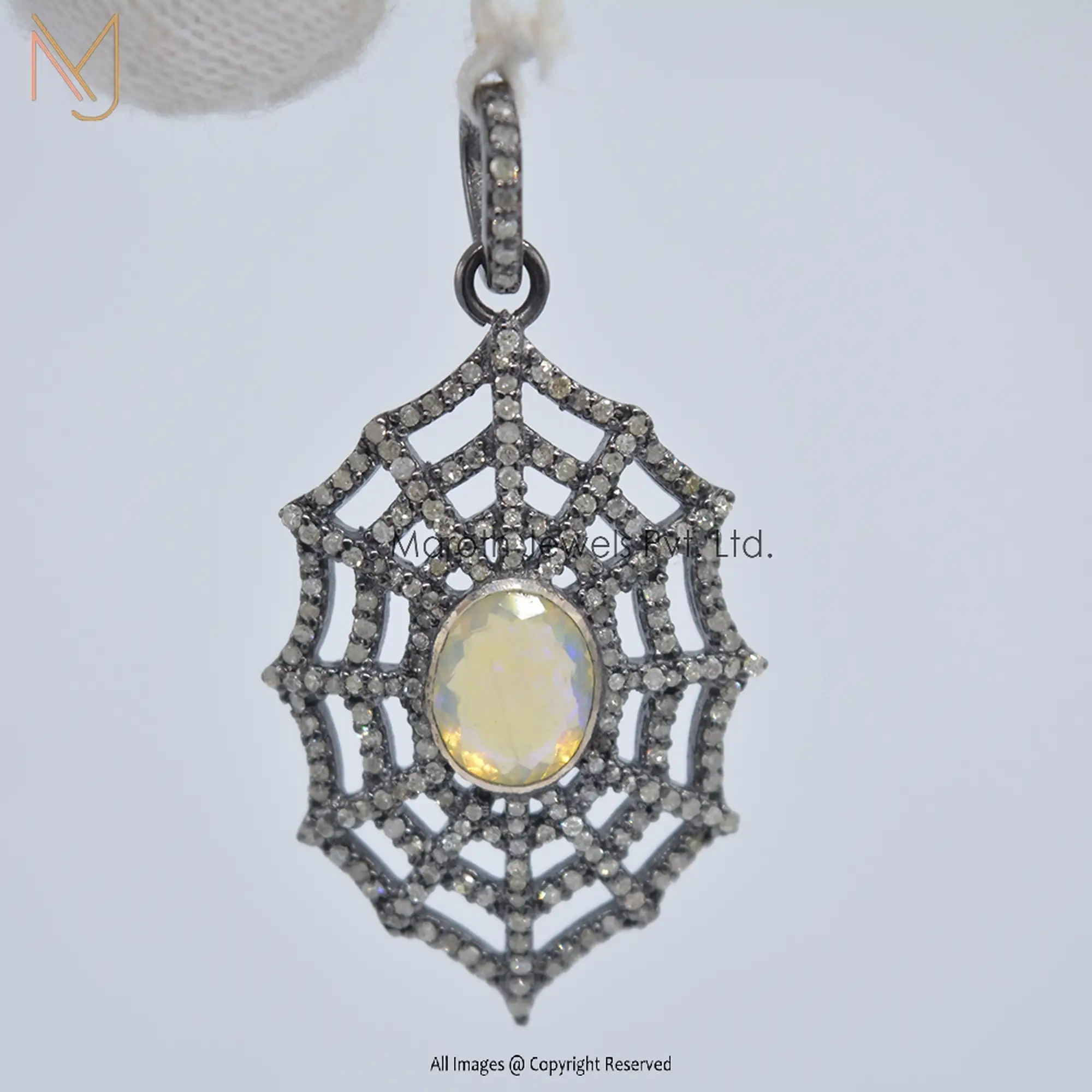 925 Silver Pave Diamond Web Spider Opal Gemstone Pendant Wholesale