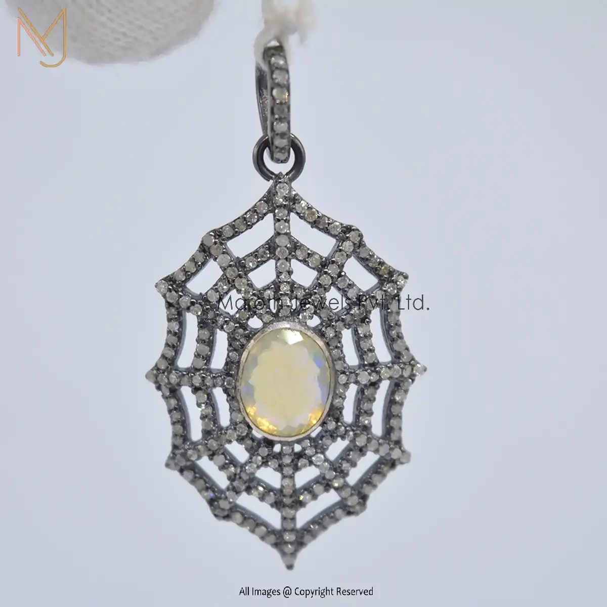 Wholesale 925 Silver Rhodium Pave Diamond Web Spider Opal Gemstone Pendant