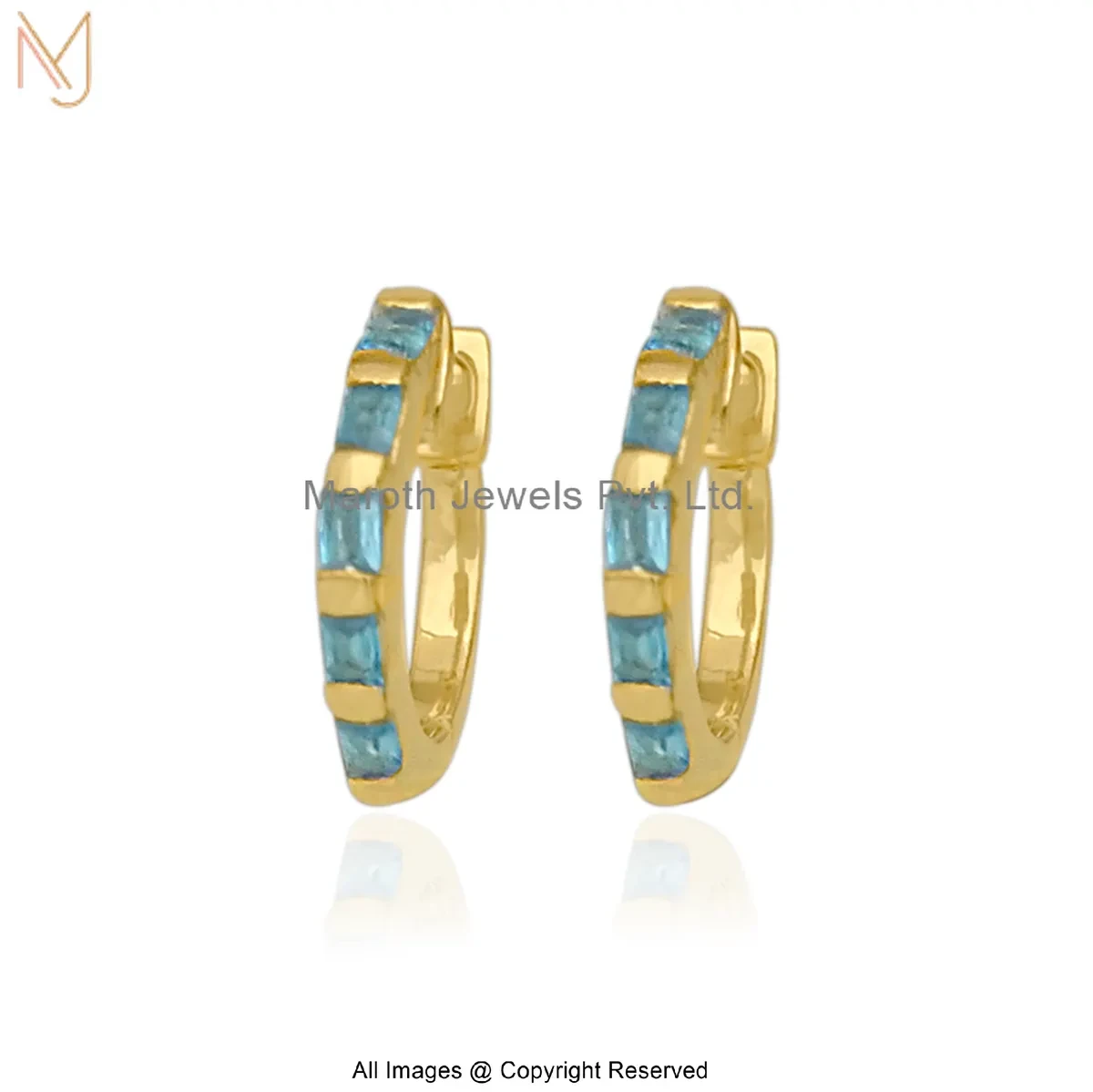 925 Silver Yellow Gold Plated Aquamarine Baguette-Cut Huggie Hoop Earring Manufacturer