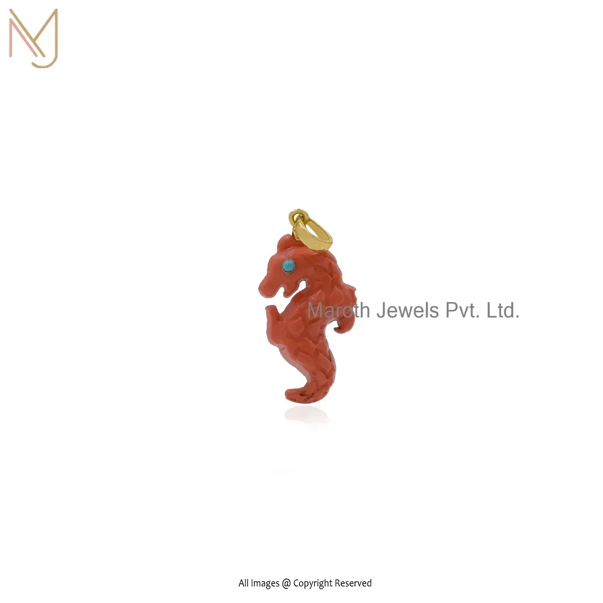 Private Lable 925 Silver Yellow Gold Plated Orange Coral And Turquoise Seahorse Pendant