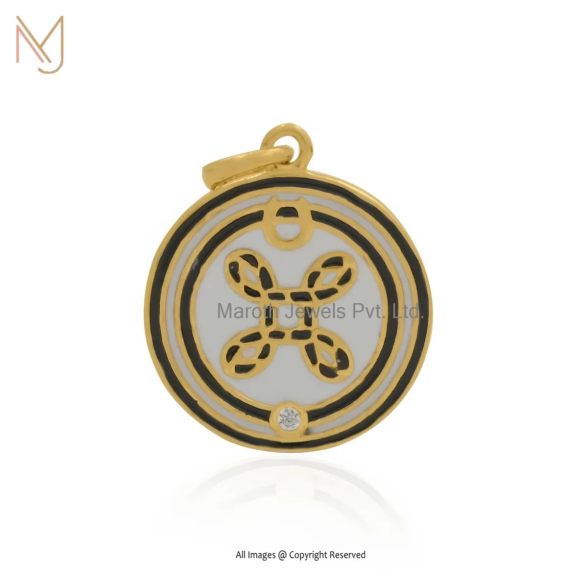 14K Yellow Gold Cubic Zircon & White Enamel And Black Enamel Medallions Pendant USA