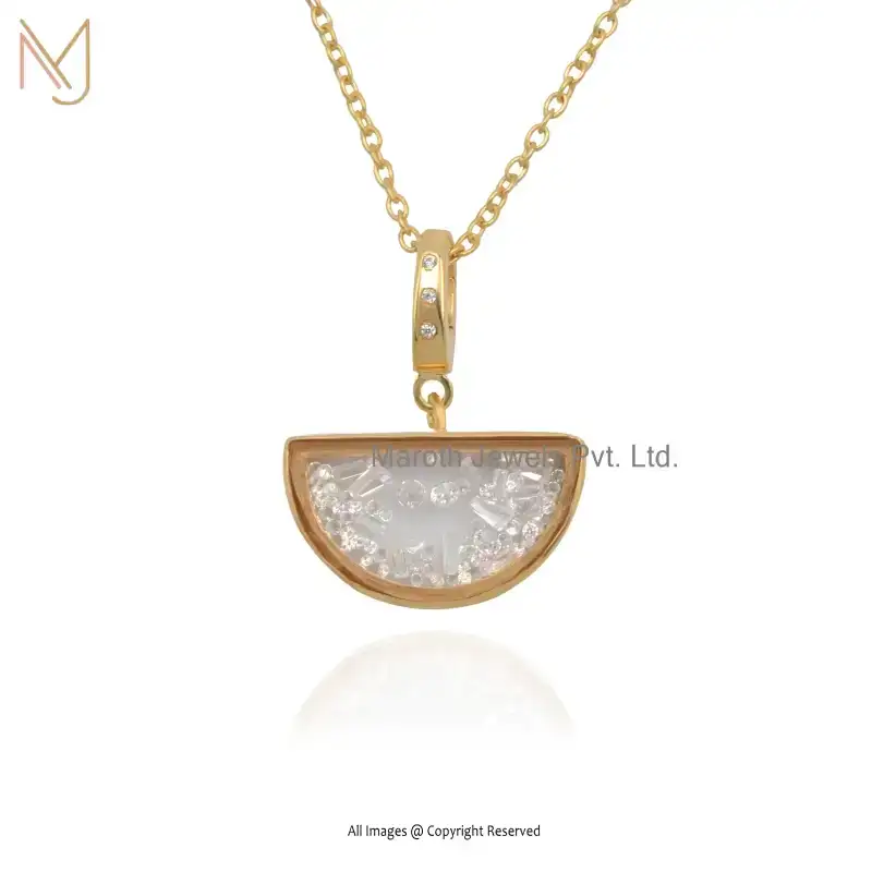 925 Silver Yellow Gold Plated Diamond Crystal Quartz Half Moon Locket Pendant Jewelry Supplier