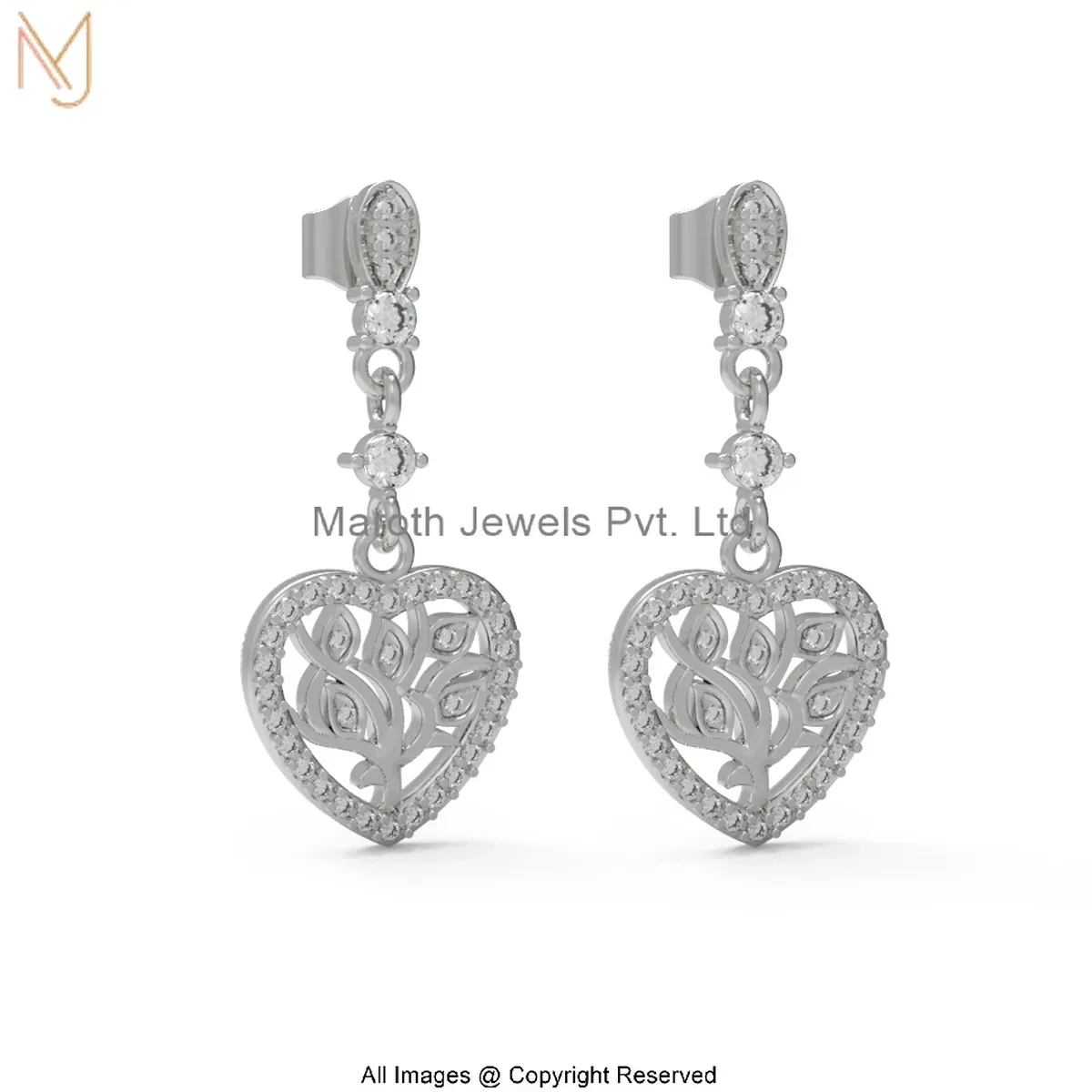 14K White Gold Cubic Zircon Diamond Heart Drop Earring Jewelry Supplier