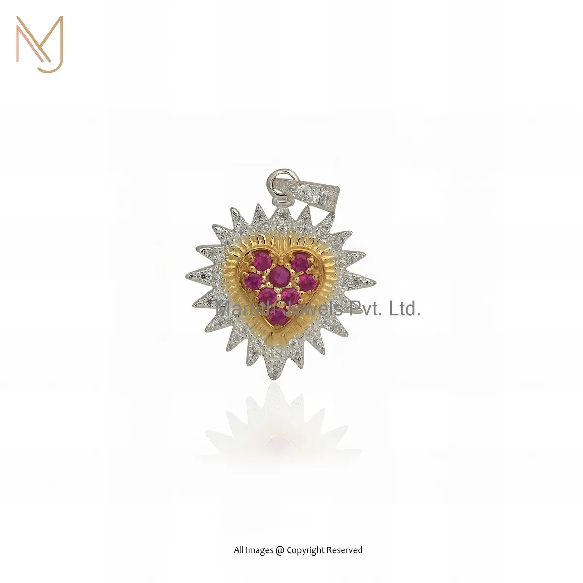 Private Lable 925 Silver Yellow Gold Plated Ruby Cubic Zircon Fluted Heart Charm Pendant