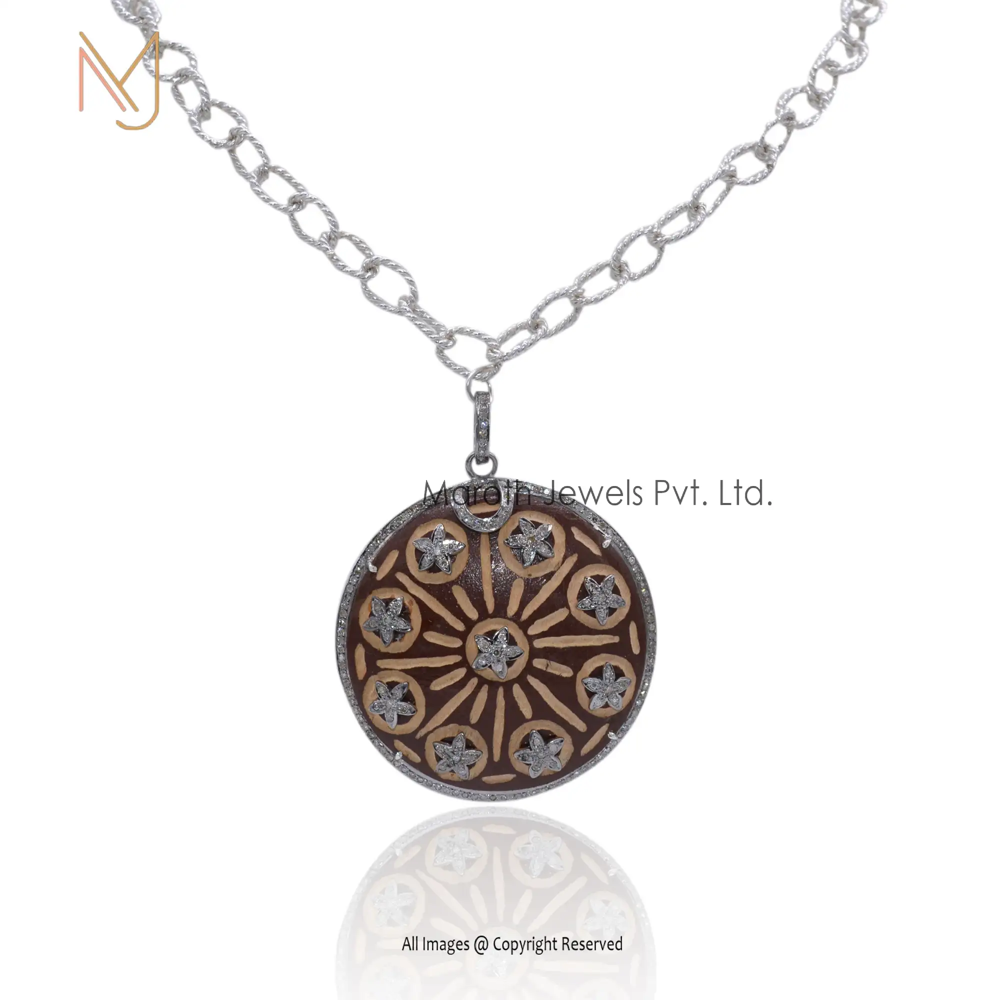 925 Silver Pave Diamond Wooden Handmade Disc Designer Pendant Jewelry Manufacturer