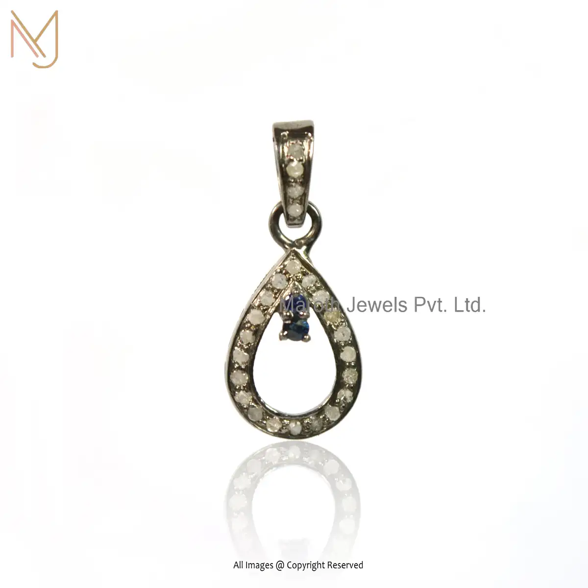 925 Sterling Silver Rhodium Plated Pave Diamond & Blue Sapphire Gemstone Drop Pendant Jewelry USA