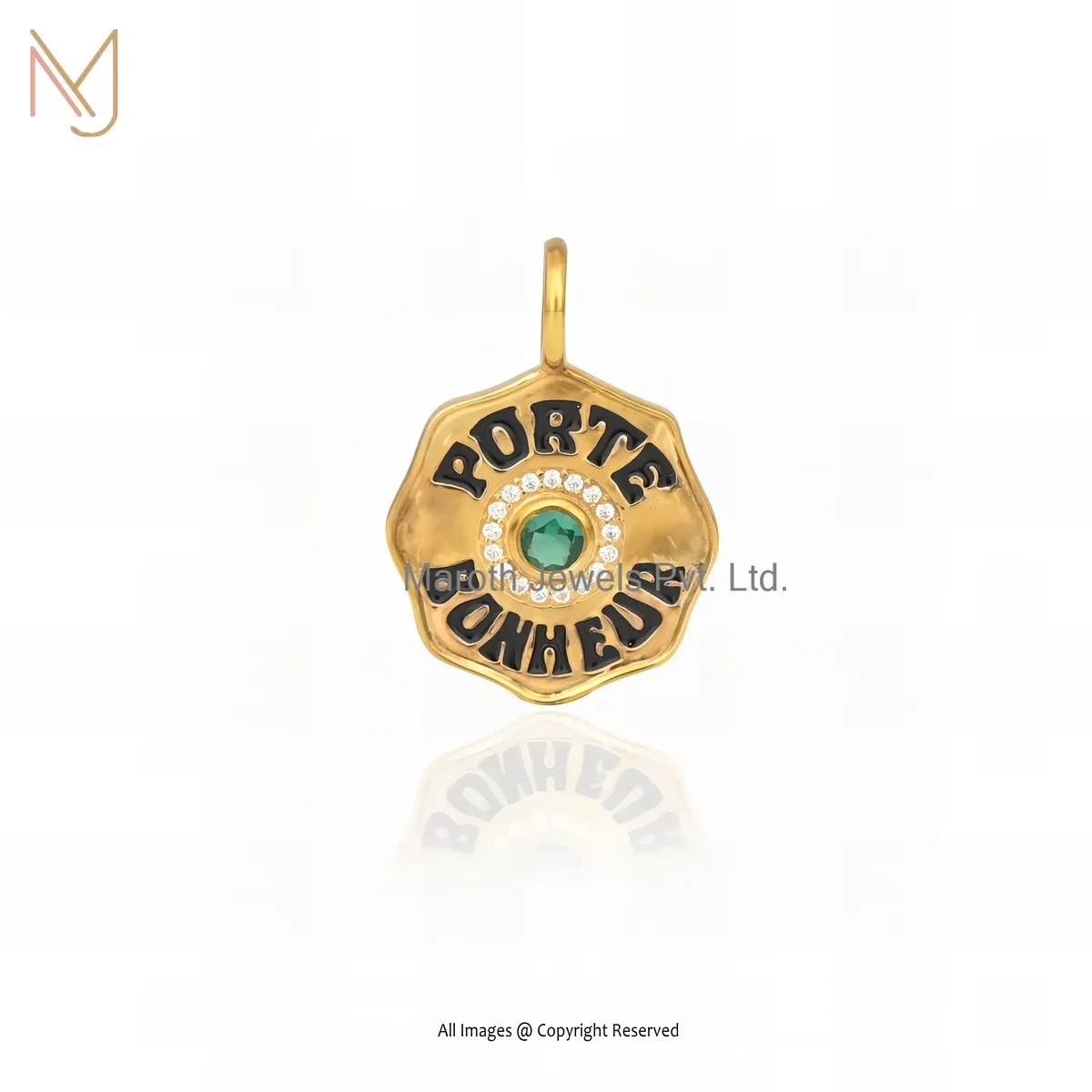 Private Lable 14K Yellow Gold Cubic Zircon And Black Enamel Mini Diamond Halo Porte Bonheur Pendant