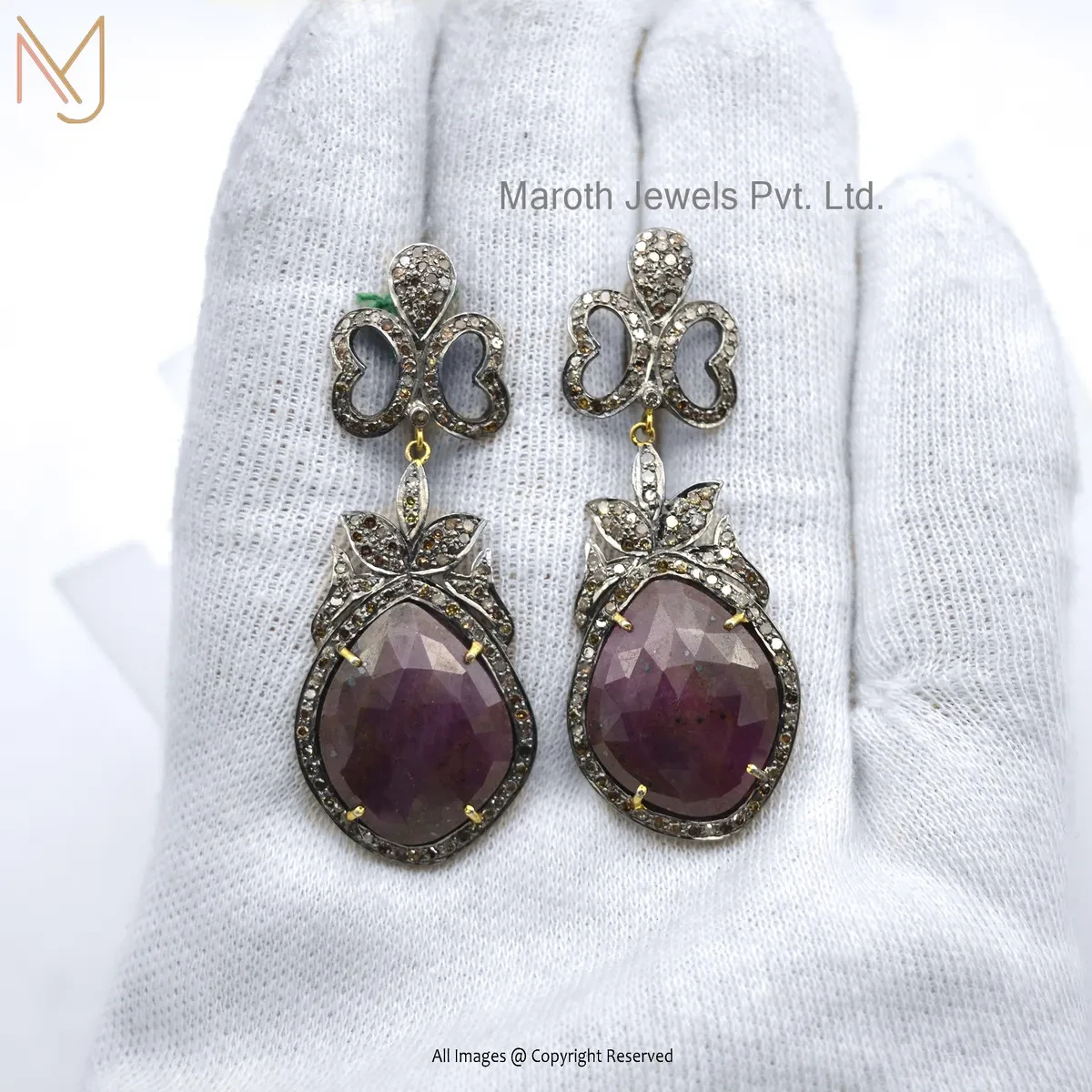 14K Yellow Gold Pave Diamond Ruby Drop Earring Jewelry Supplier