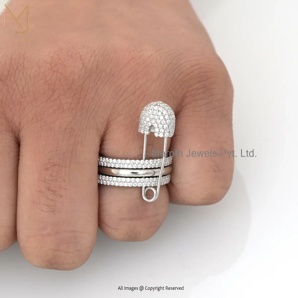 Private Lable 925 Silver Rose Gold Plated Pave Diamond Safety Pin Band Ring