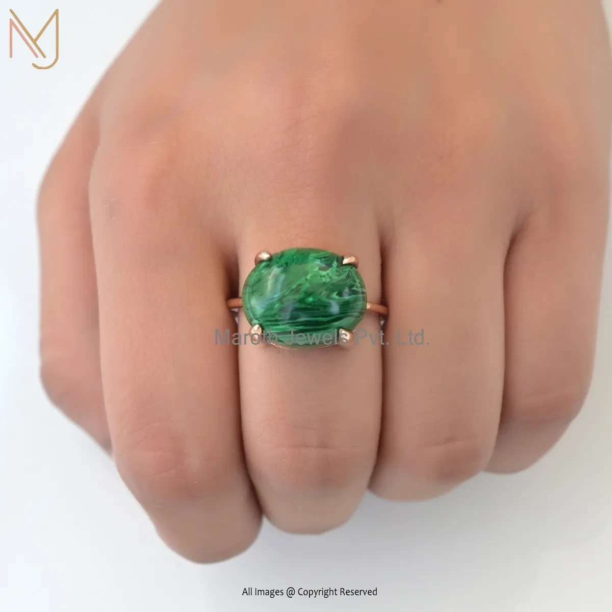 14K Yellow Gold Malachite Oval Cut Cabochon Ring Jewelry Supplier