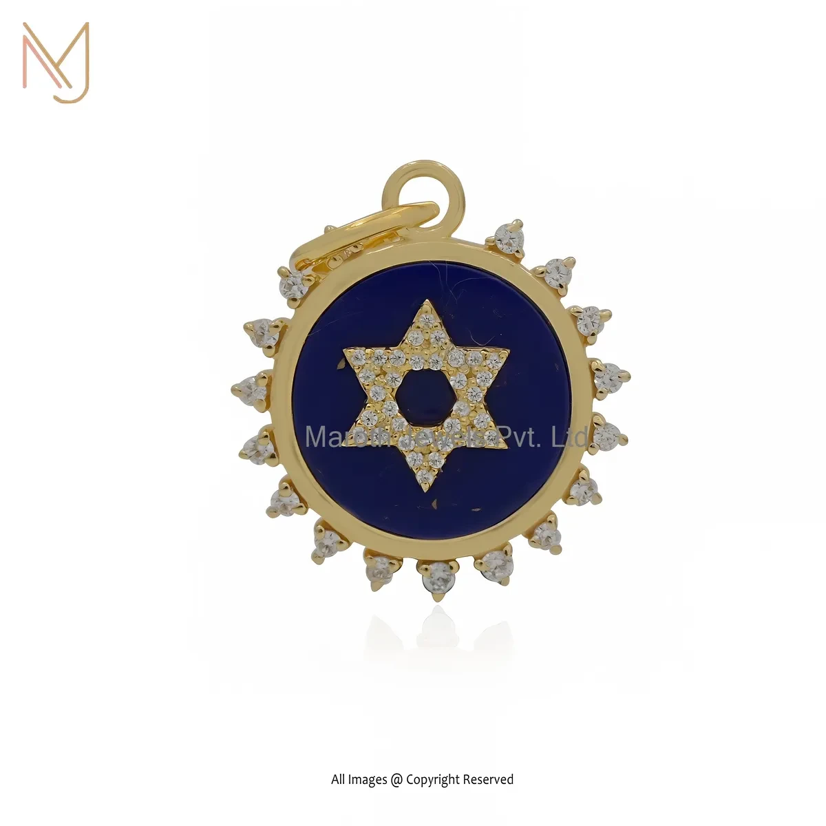 925 Silver Yellow Gold Plated Cubic Zircon & Lapiz Lazuli Star Disc Pendant Custom Jewelry