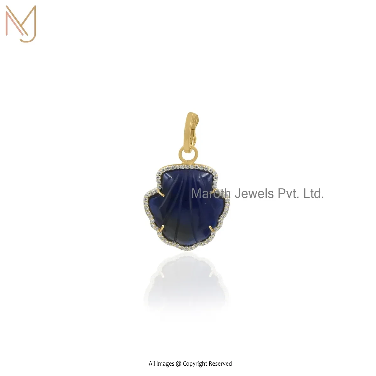 Private Lable 925 Silver Yellow Gold Plated Cubic Zircon & Blue Quratz Gemstone Shell Pendant