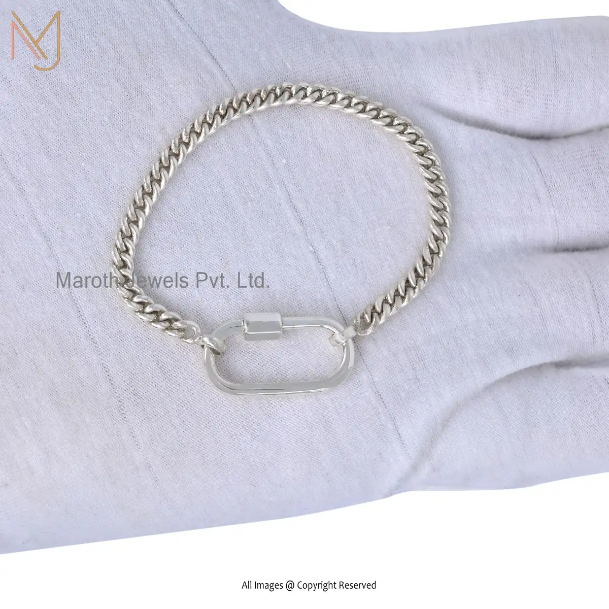 925 Sterling Oxidized & Natural Silver Curb Chain Carabiner Lock Bracelet Manufacturer