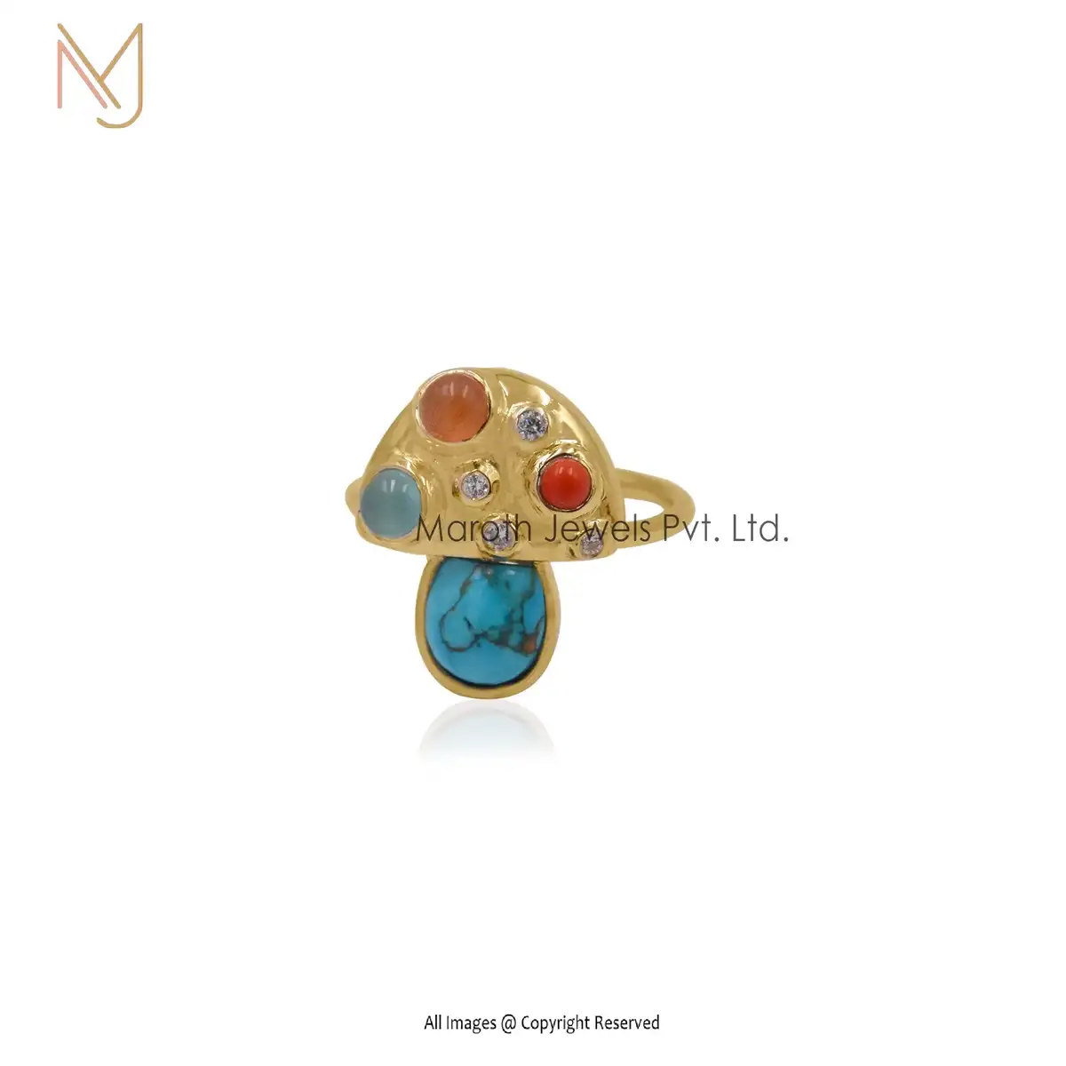 925 Silver Black Rhodium Turquoise CZ Multi Gemstone Mushroom Ring Manufacturer