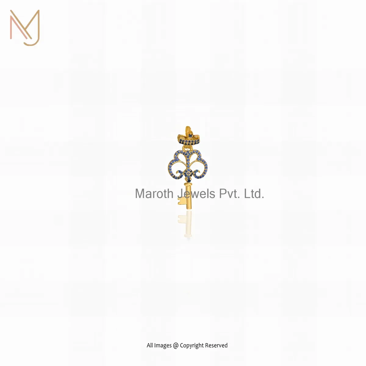 14K Yellow Gold Blue Sapphire Crown Key Pendant Manufacturer