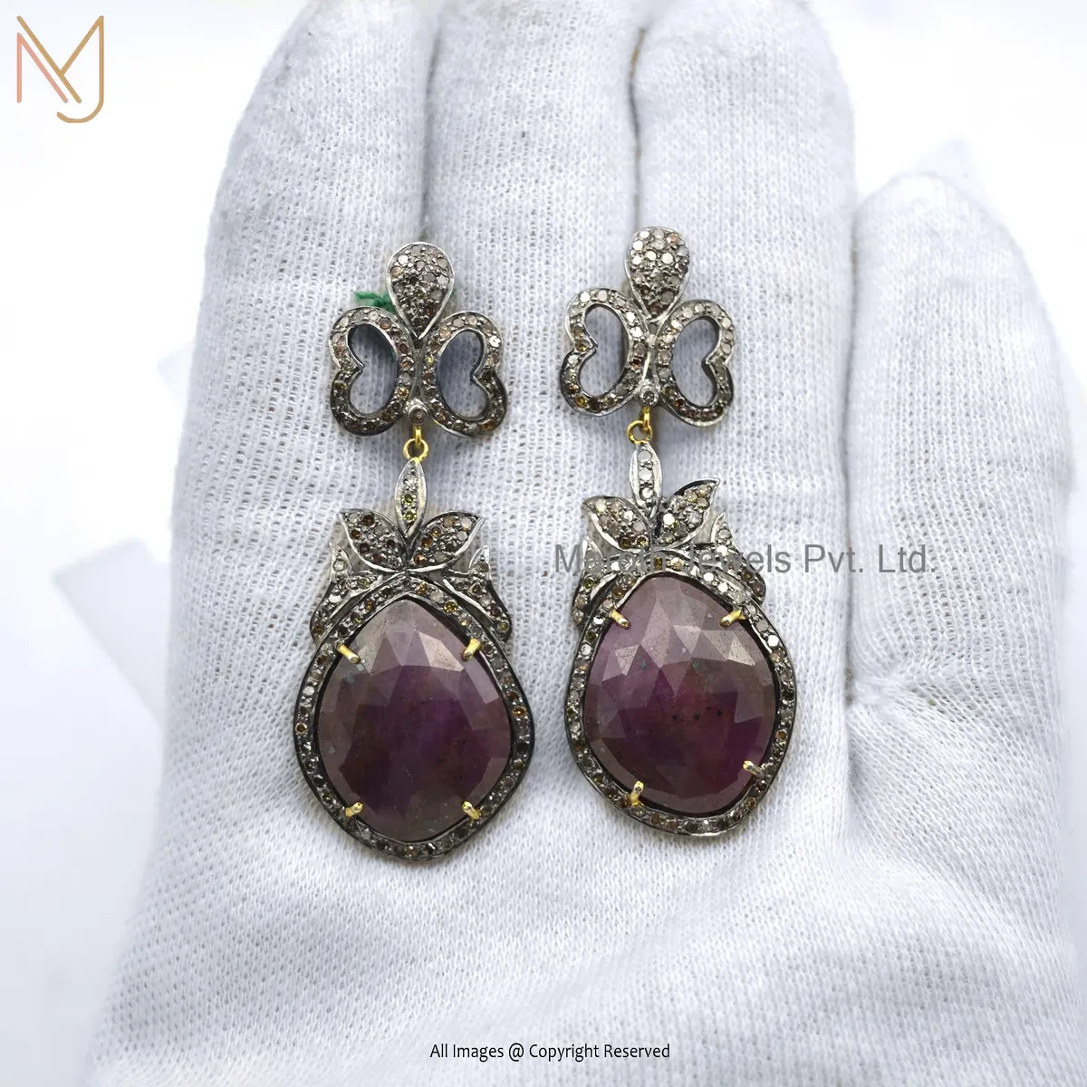 925 Silver Yellow Gold Plated Pave Diamond And Ruby Gemstone Drop Earring Custom Jewelry