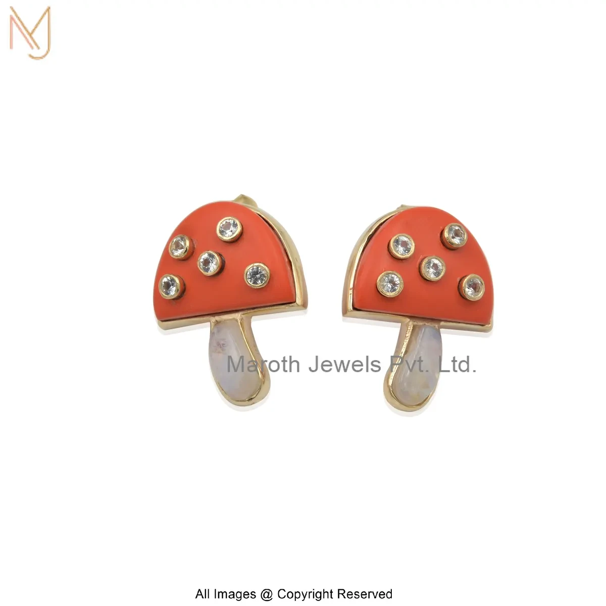 14K Yellow Gold Diamond Gemstones Mushroom Stud Earring Jewelry Supplier